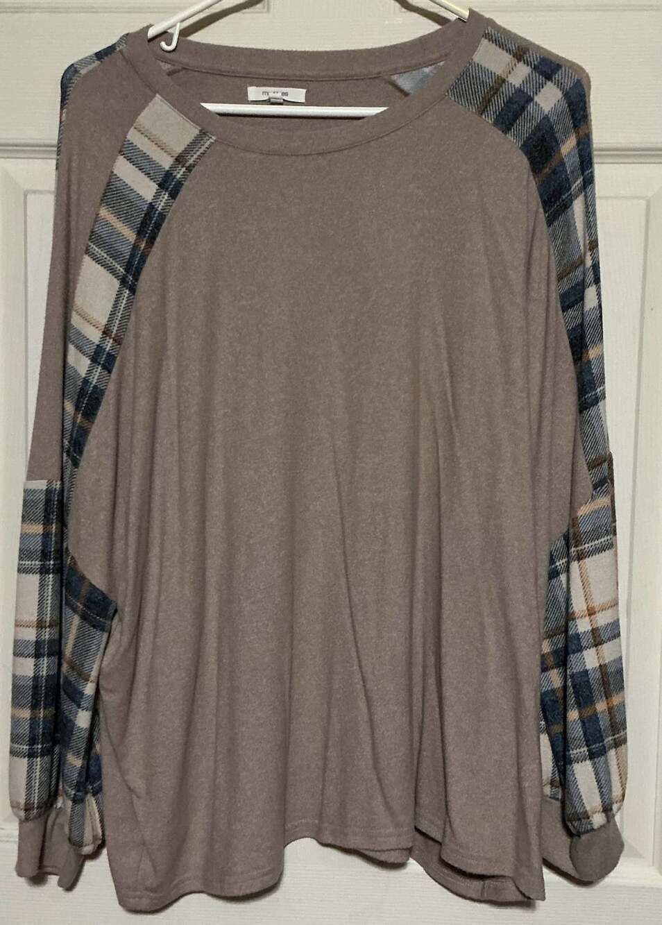 Plaid Sleeve Raglan Tunic Top Beige Blue Plaid